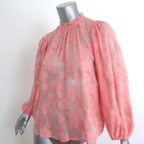 Ulla Johnson Blouse Sandrine Pink Floral Fil Coupe Size 2 Long Sleeve Top - Picture 2 of 8